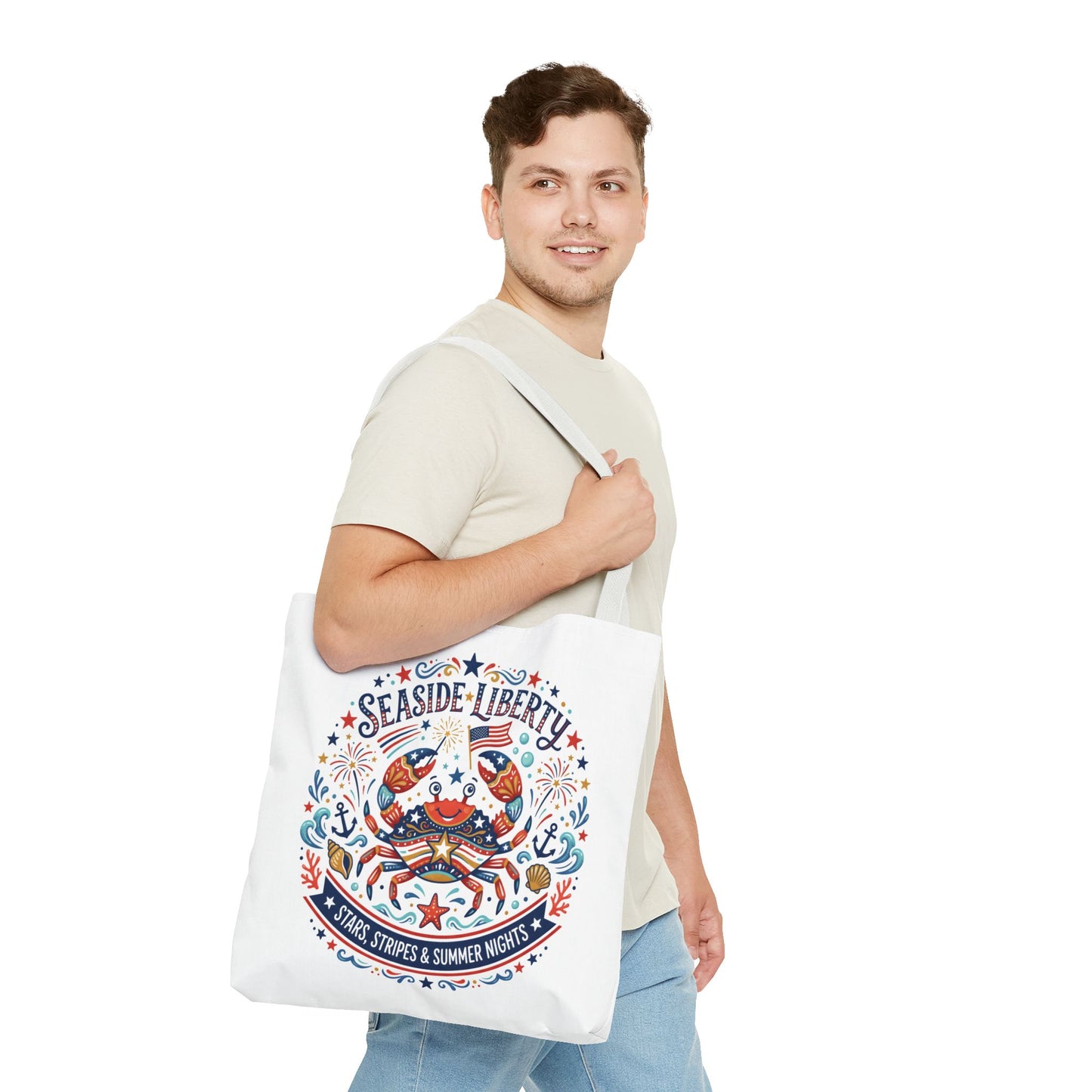 Seaside Liberty Tote Bag — 4th of July, Patriotic Bag "Stars, Stripes & Summer Nights"