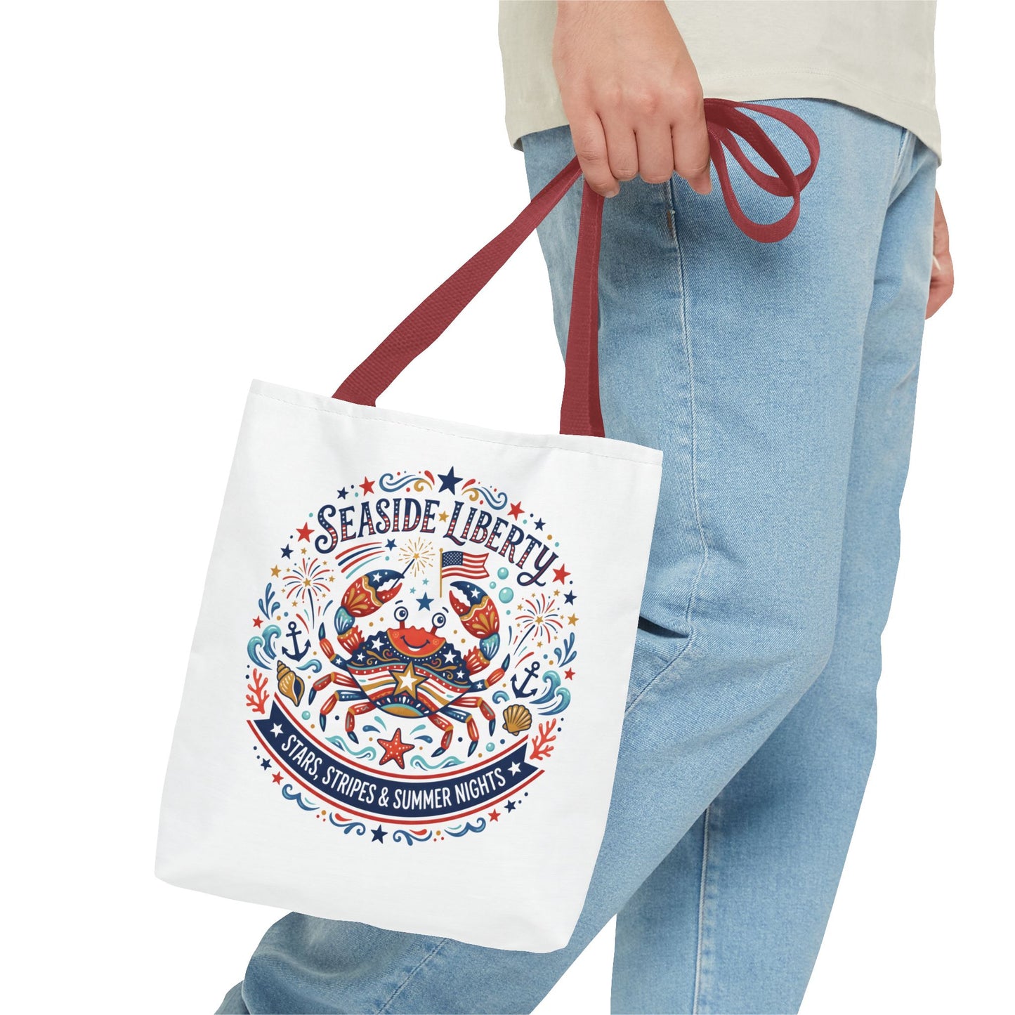 Seaside Liberty Tote Bag — 4th of July, Patriotic Bag "Stars, Stripes & Summer Nights"