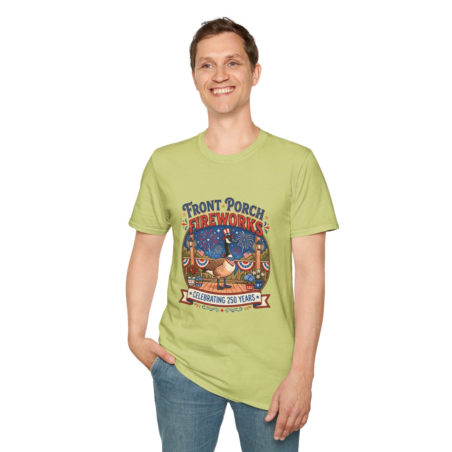 Front Porch Fireworks, Goose T-Shirt — Patriotic 4th of July Celebration Tee