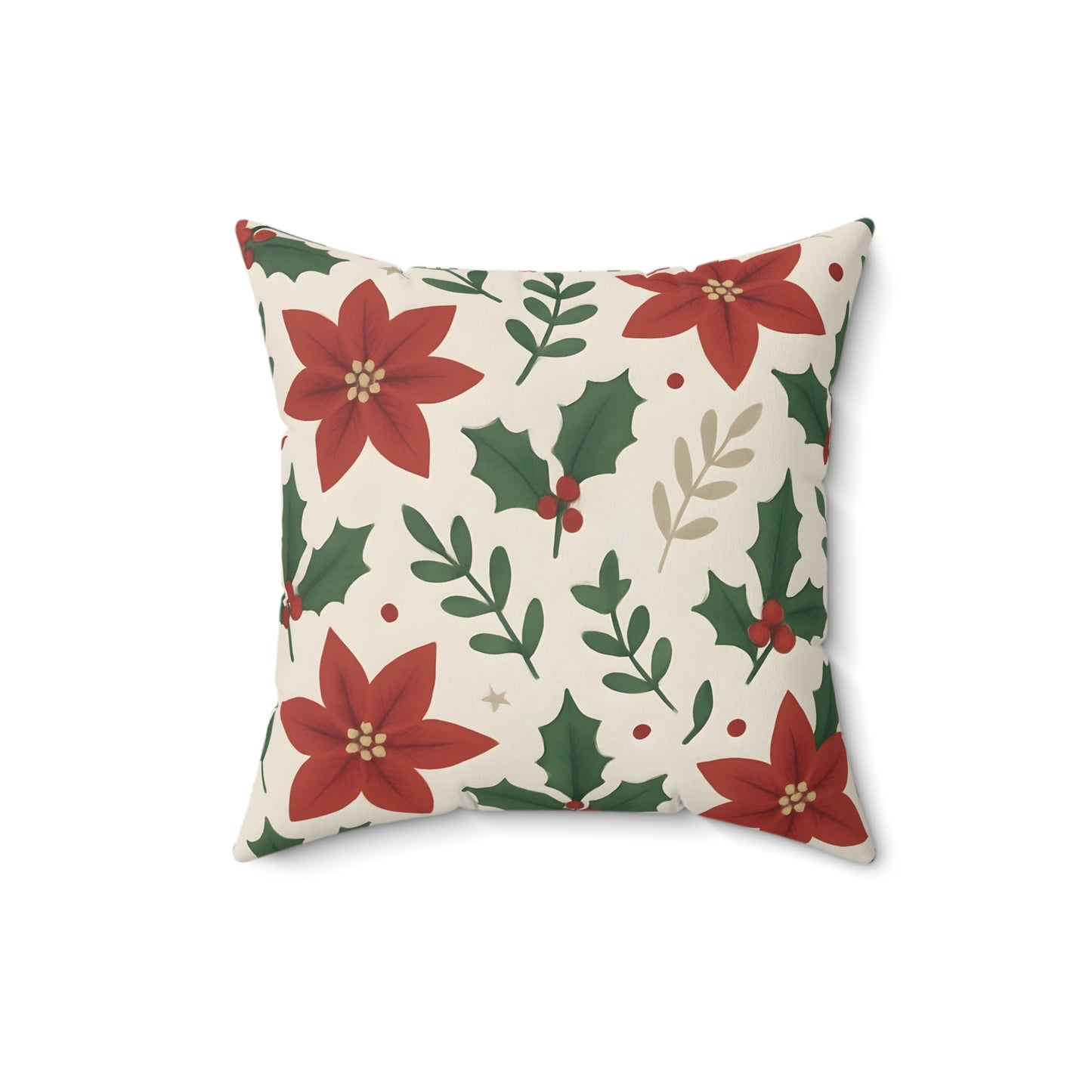 Poinsettia and Holly Leaves Holiday Throw Pillow - Festive Christmas Floral Decorative Cushion