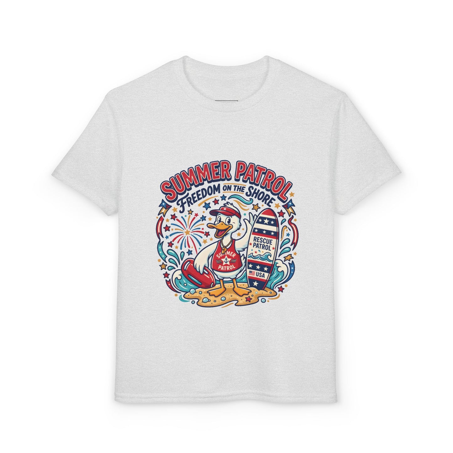 Summer Patrol Kids T‑Shirt — Lifeguard Duck Beach Graphic, 4th of July Tee