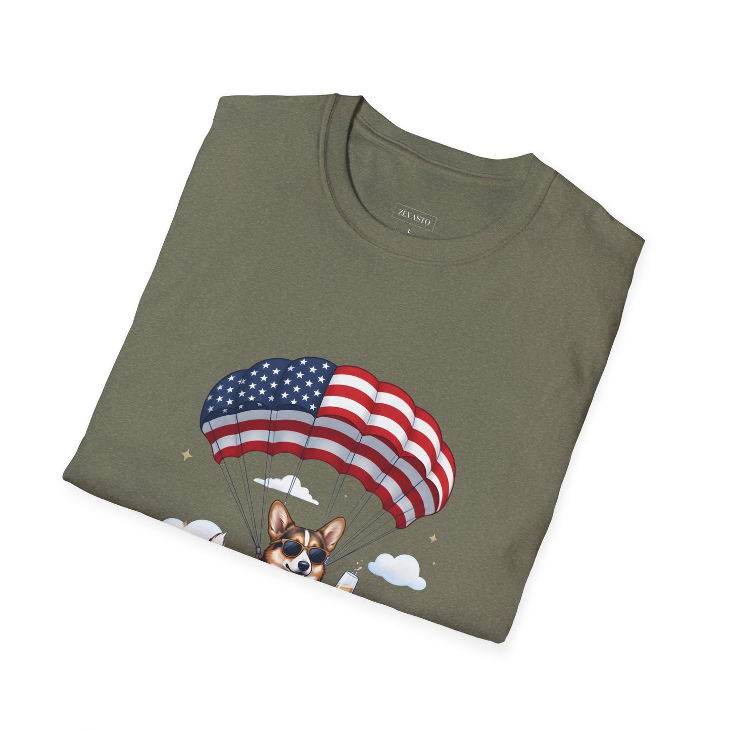 Corgi Parachute American Flag T-Shirt — "Celebrating 250 Years" Patriotic Tee