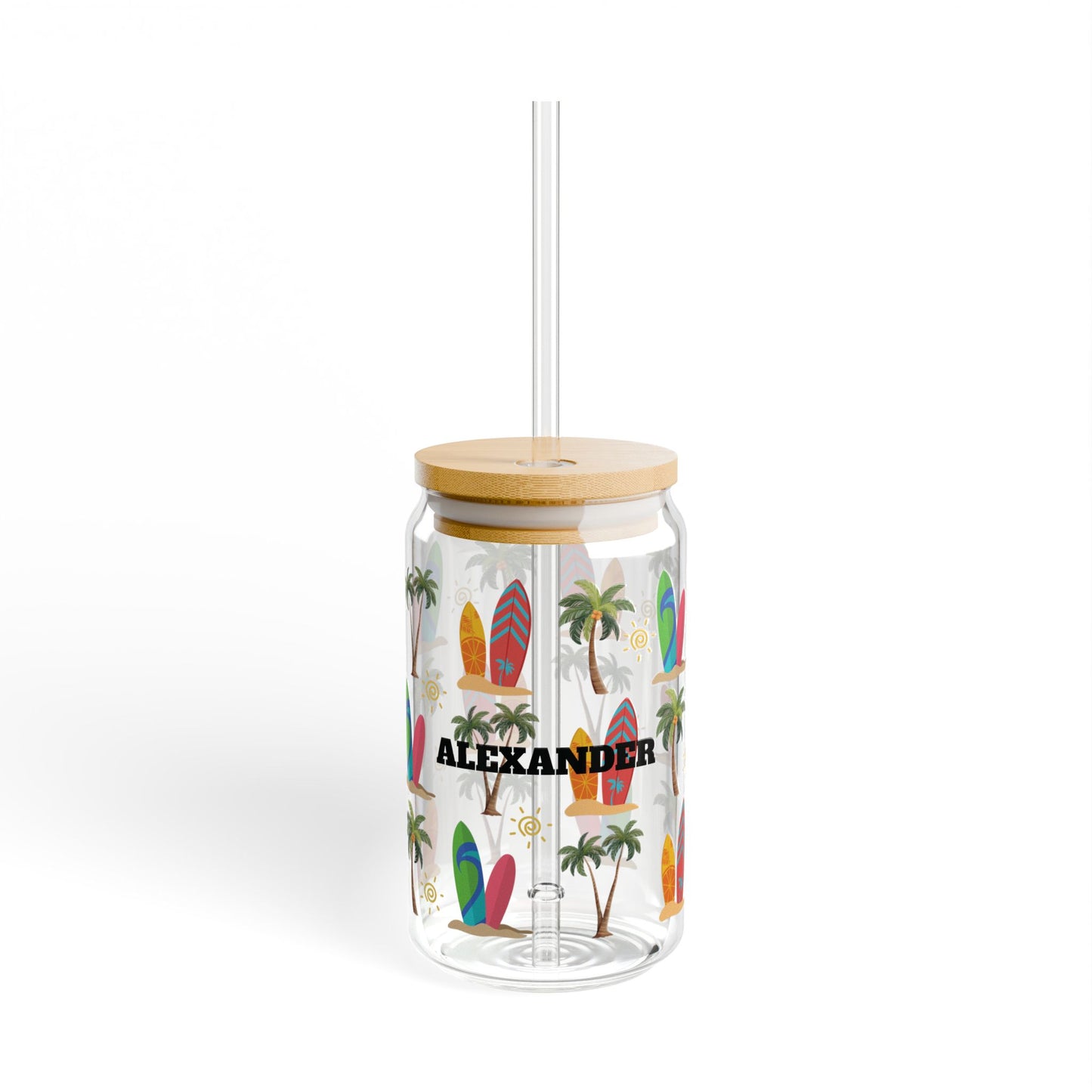 Personalized Surfboard Palm Sipper Glass – 16oz Tropical Beach Tumbler with Straw