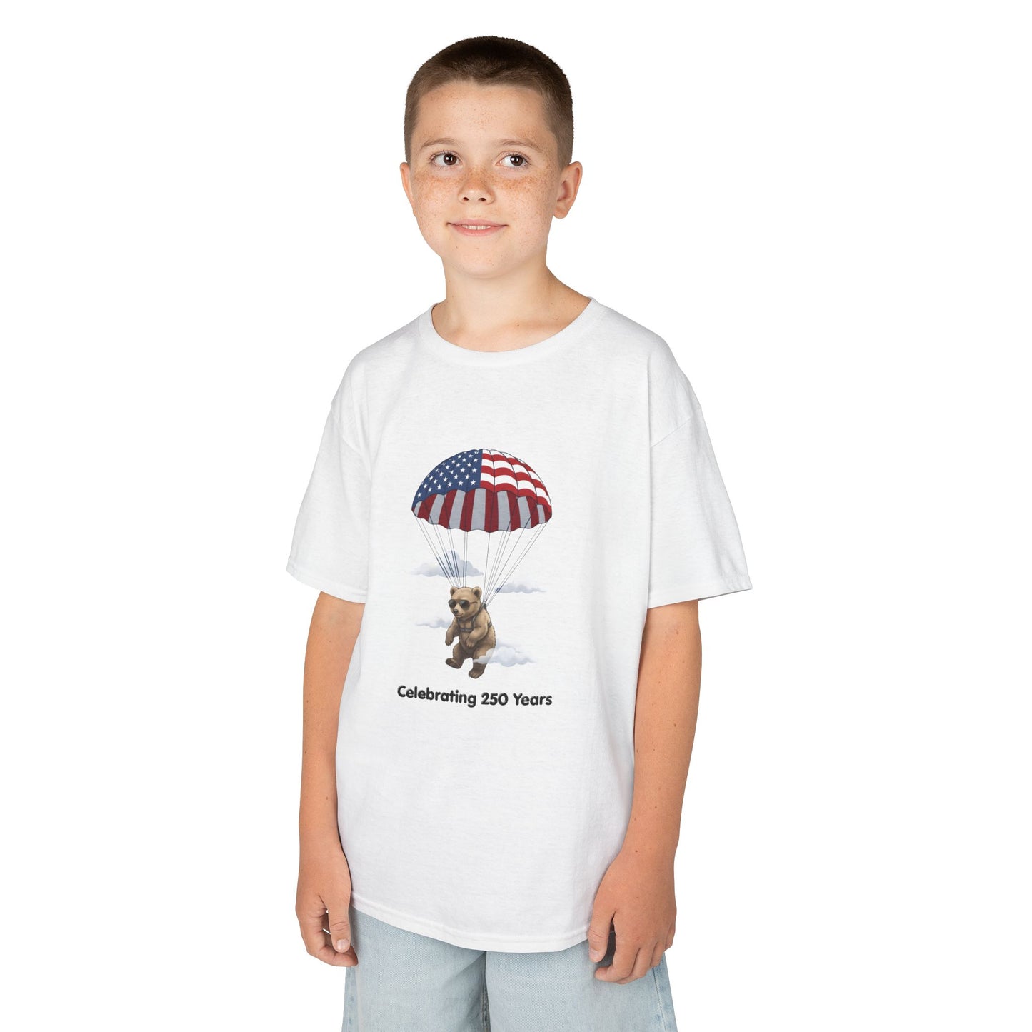 Kids Tee — Patriotic Parachute Bear "Celebrating 250 Years"