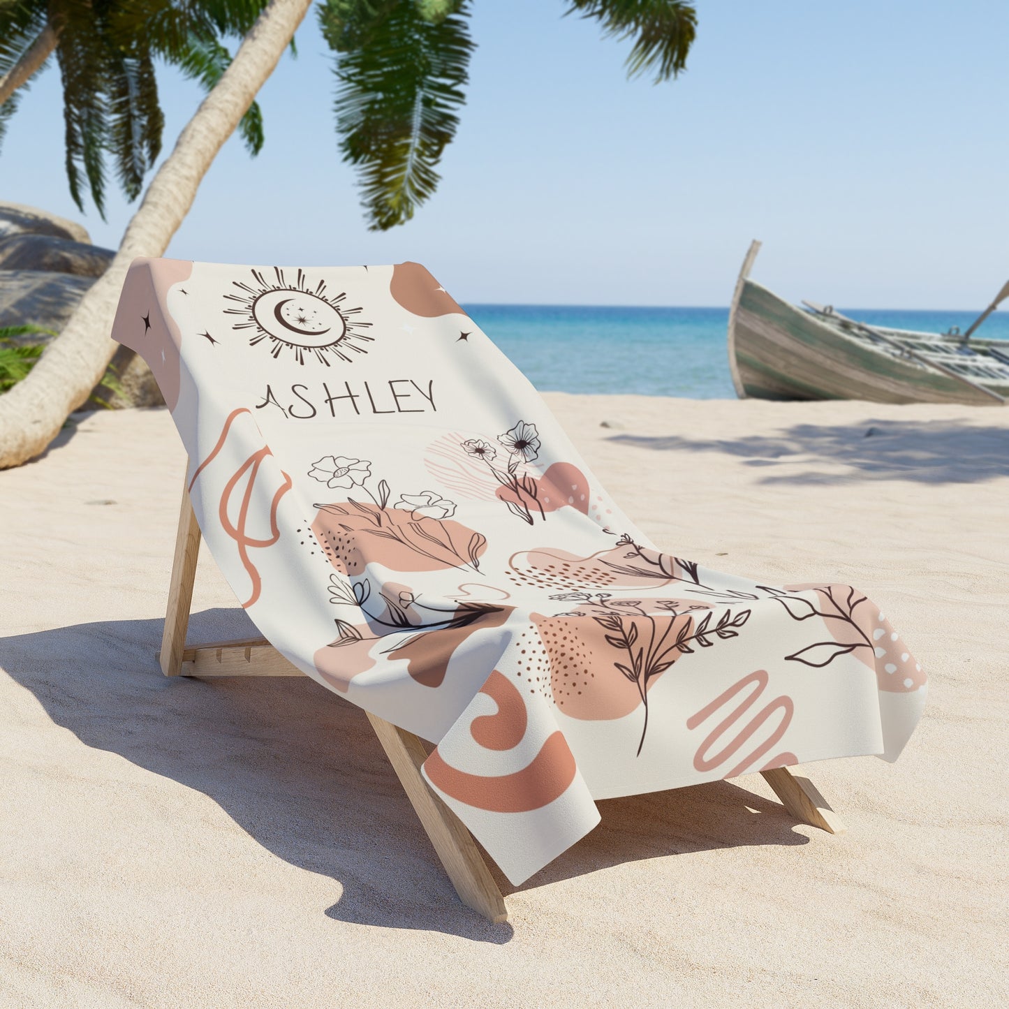 Personalized Boho Floral Beach Towel — Custom Name 'Ashley'