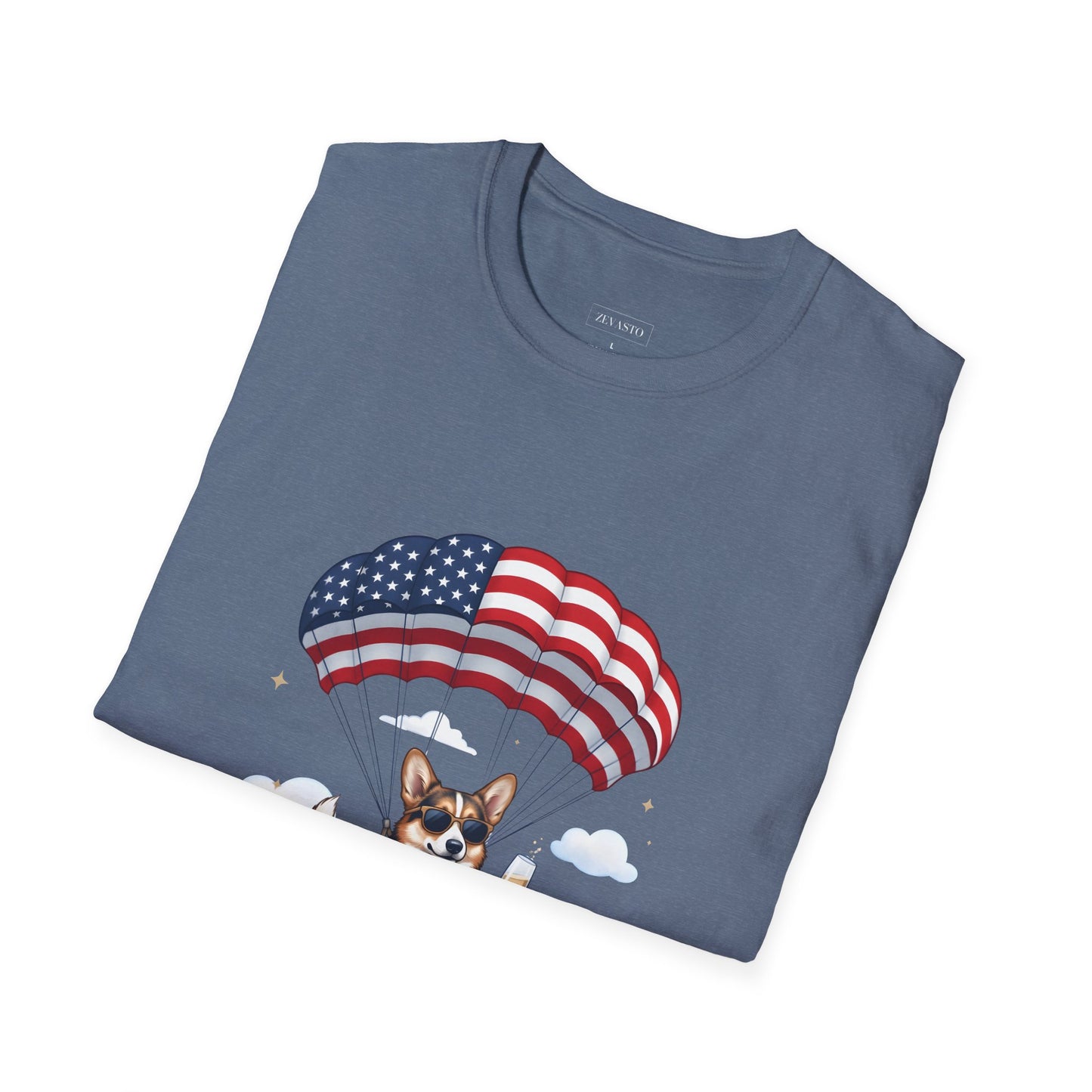 Corgi Parachute American Flag T-Shirt — "Celebrating 250 Years" Patriotic Tee