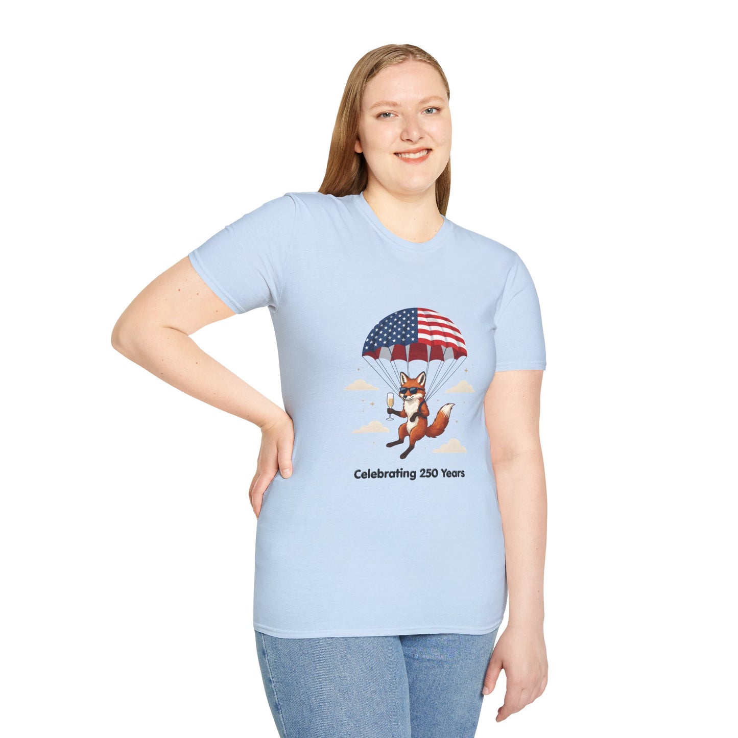 Patriotic Fox Parachute T-Shirt — "Celebrating 250 Years" Anniversary Tee