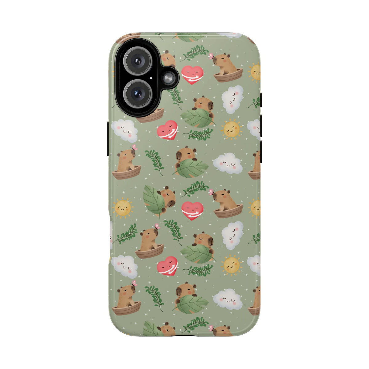 Cute Capybara Pattern Phone Case — Green Botanical Tough Case