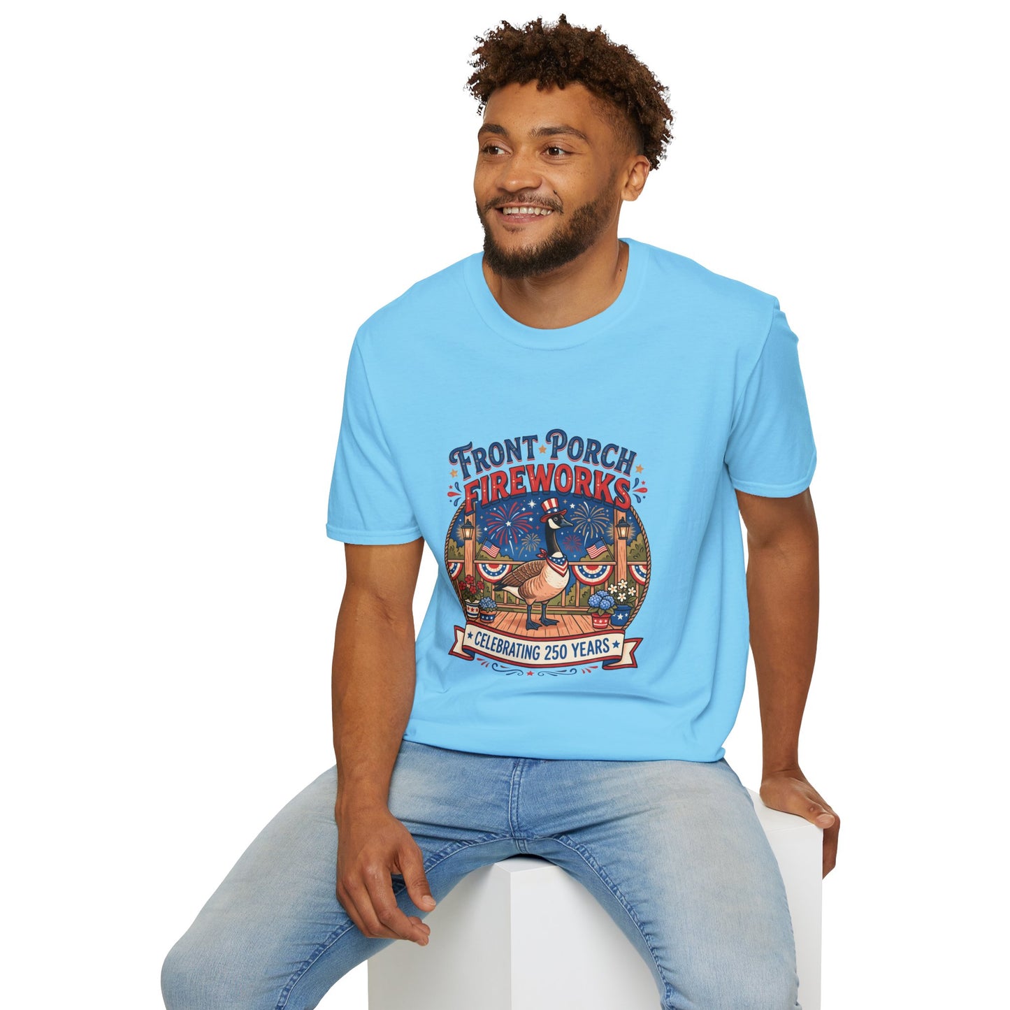 Front Porch Fireworks, Goose T-Shirt — Patriotic 4th of July Celebration Tee