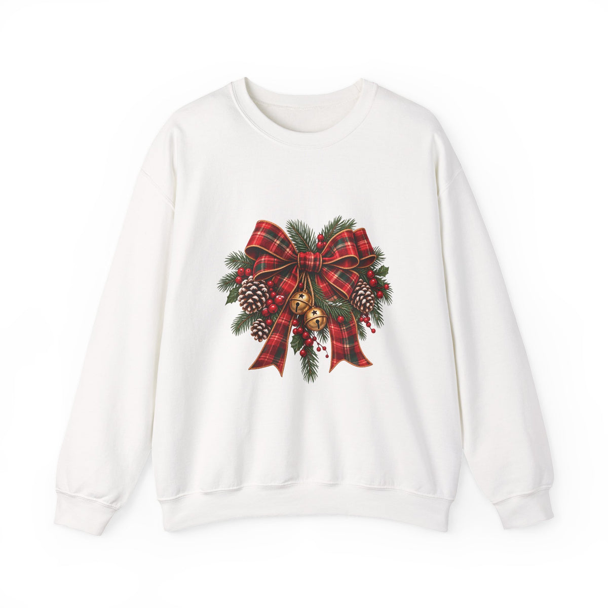 Christmas Plaid Bow Sweatshirt - Holiday Pinecone & Jingle Bells Crewneck