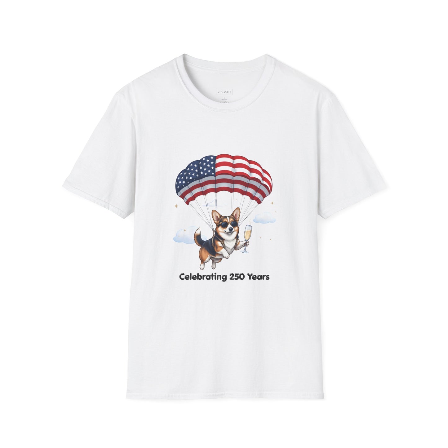 Corgi Parachute American Flag T-Shirt — "Celebrating 250 Years" Patriotic Tee