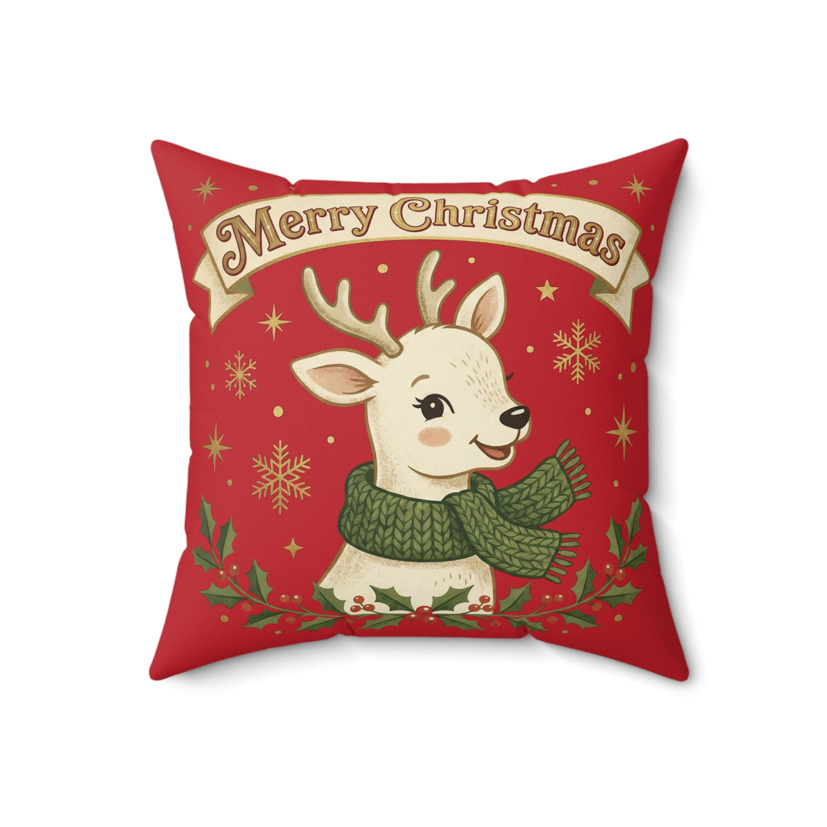 Christmas Reindeer Throw Pillow - "Merry Christmas" Festive Holiday Decor