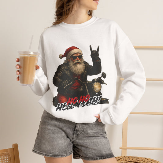 Santa Biker Crewneck Sweatshirt – 'Ho Ho Hell Yeah' Christmas Motorcycle Pullover