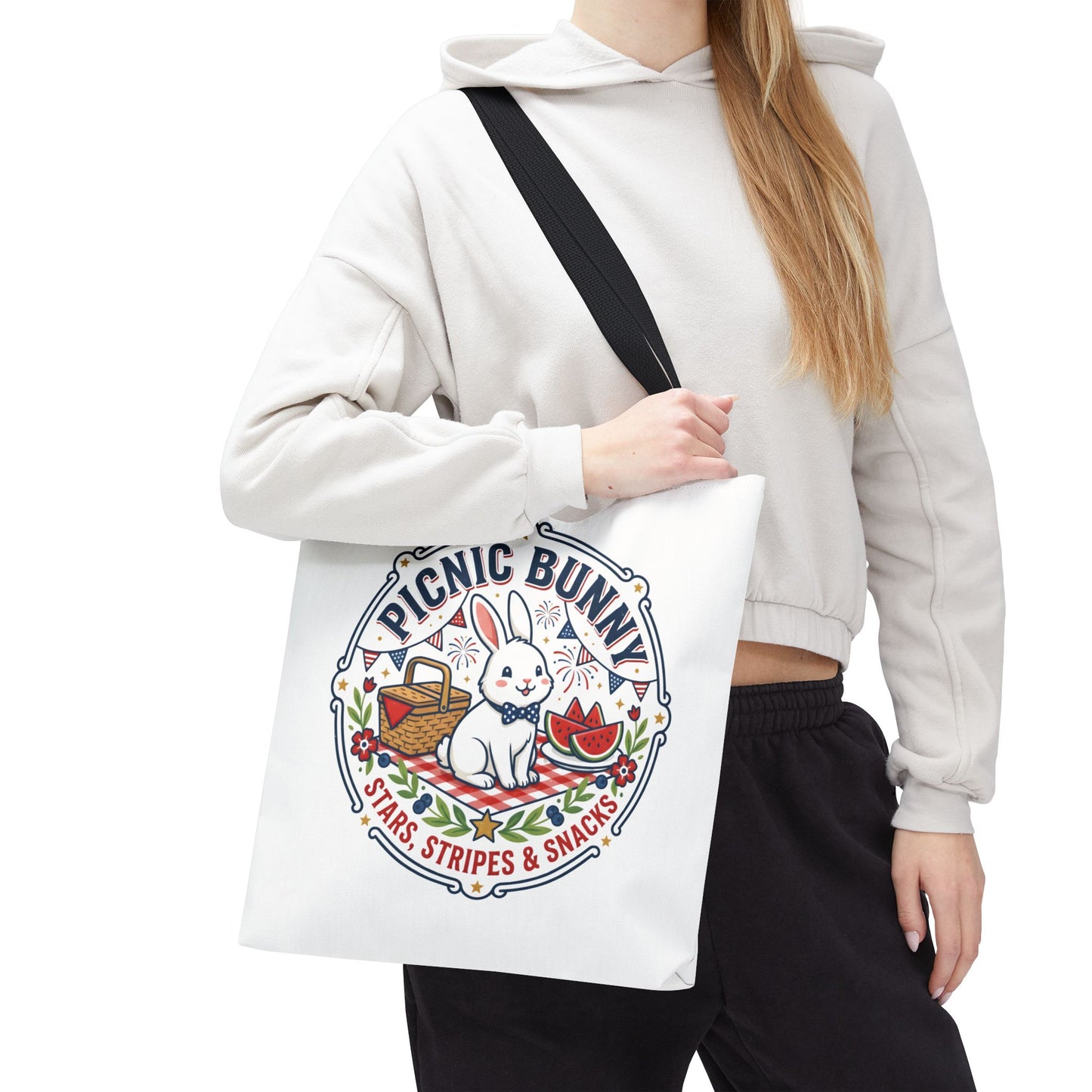 Patriotic Picnic Bunny Tote Bag — ‘Stars, Stripes & Snacks’ Cute Rabbit Picnic Tote, 4th of July Tote