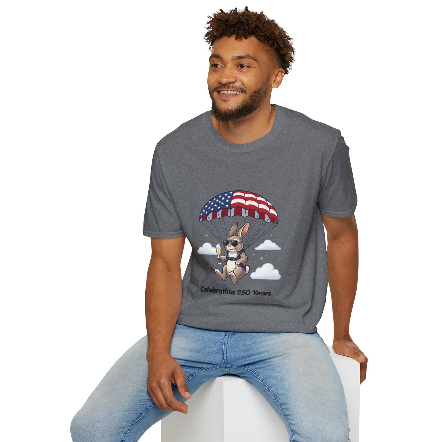 Patriotic Parachuting Bunny T-Shirt — "Celebrating 250 Years"