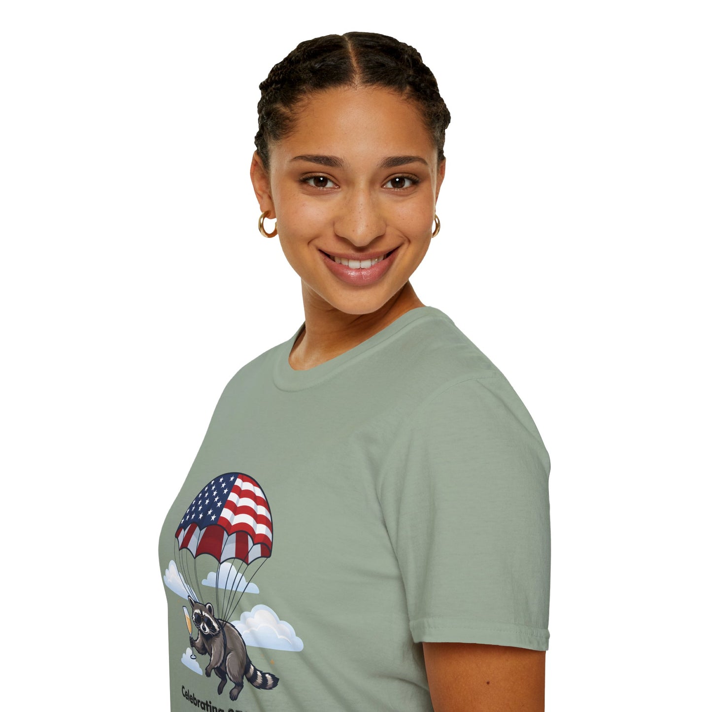 Patriotic Parachuting Raccoon T-Shirt — "Celebrating 250 Years"