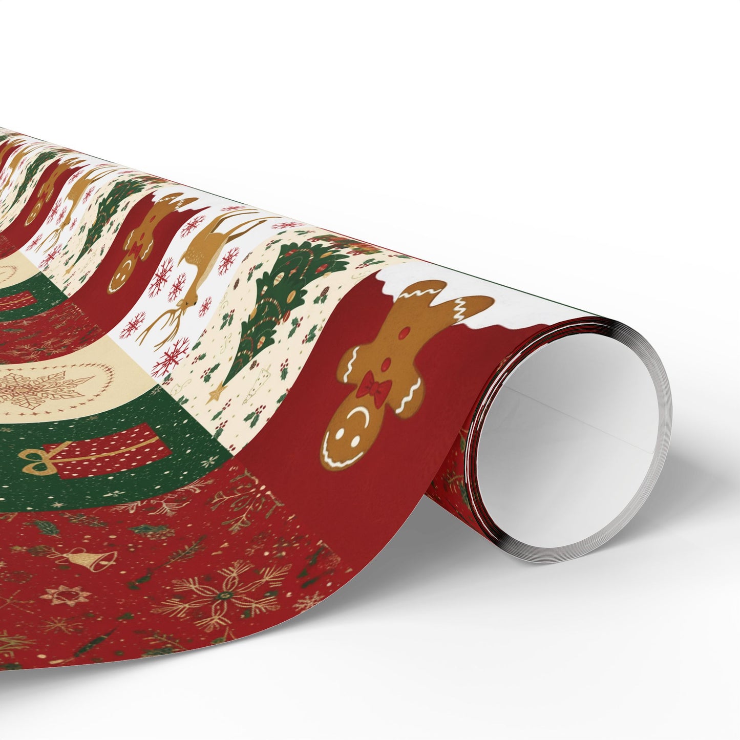 Christmas Patchwork Wrapping Paper Roll — Gingerbread, Trees & Red Green Christmas Pattern