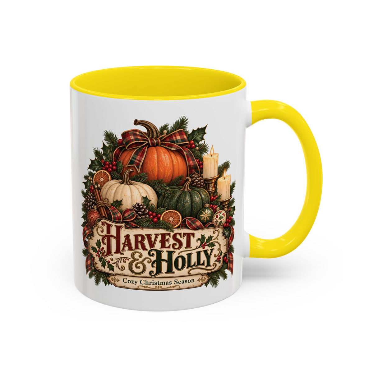 Harvest & Holly Accent Coffee Mug - Vintage Christmas Holiday Mug (11 oz)