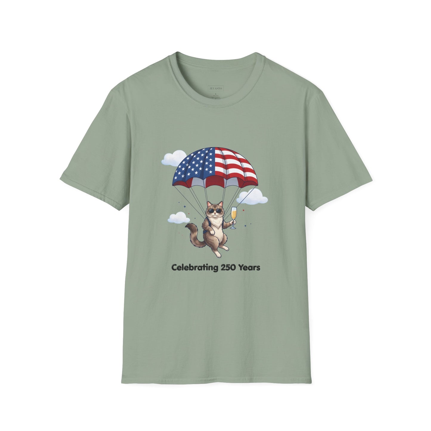 Patriotic Cat Parachute T-Shirt — "Celebrating 250 Years" 4th of July Tee