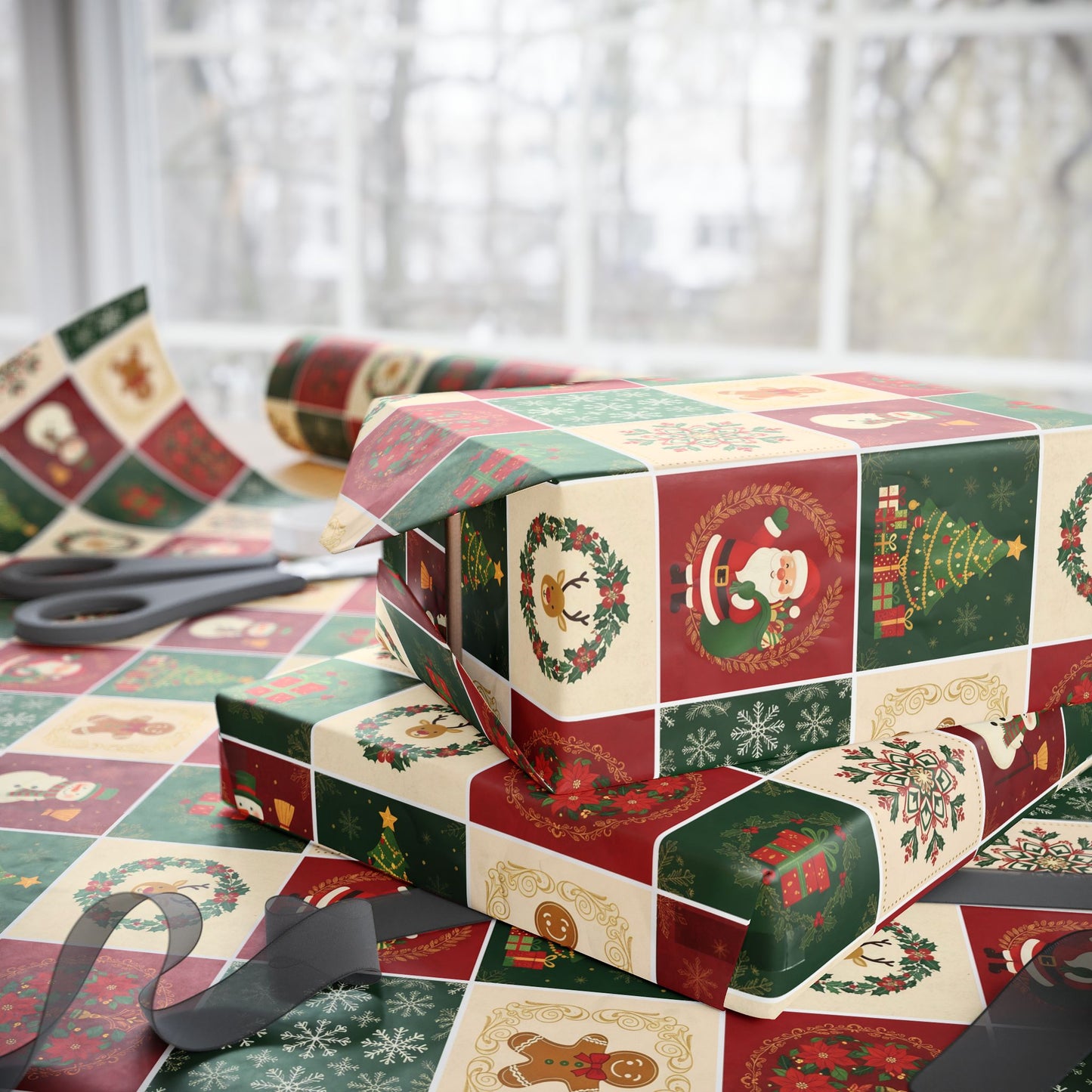 Christmas Patchwork Wrapping Paper Roll — Holiday Gift Wrap with Gingerbread, Snowman & Reindeer