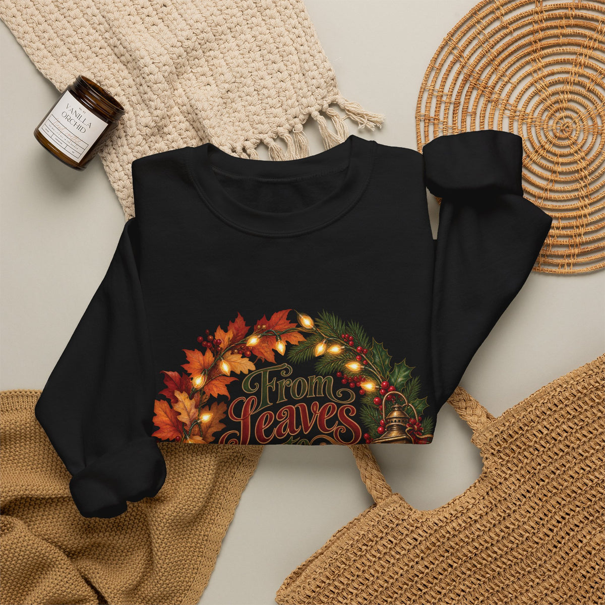 Christmas Crewneck Sweatshirt — "From Leaves to Lights" Autumn to Holiday Wreath Design