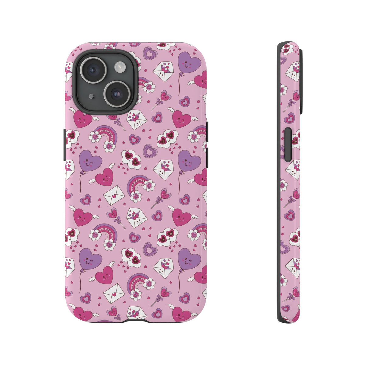 Pink Valentine Phone Case – Cute Hearts, Envelopes & Rainbows Protective Cover