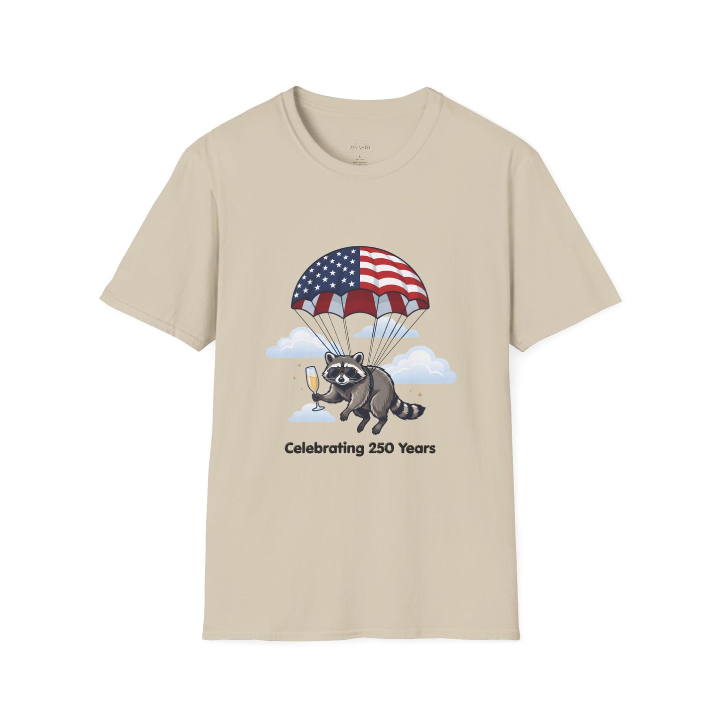 Patriotic Parachuting Raccoon T-Shirt — "Celebrating 250 Years"