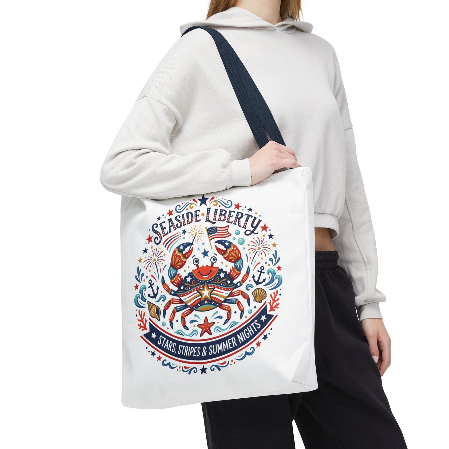 Seaside Liberty Tote Bag — 4th of July, Patriotic Bag "Stars, Stripes & Summer Nights"