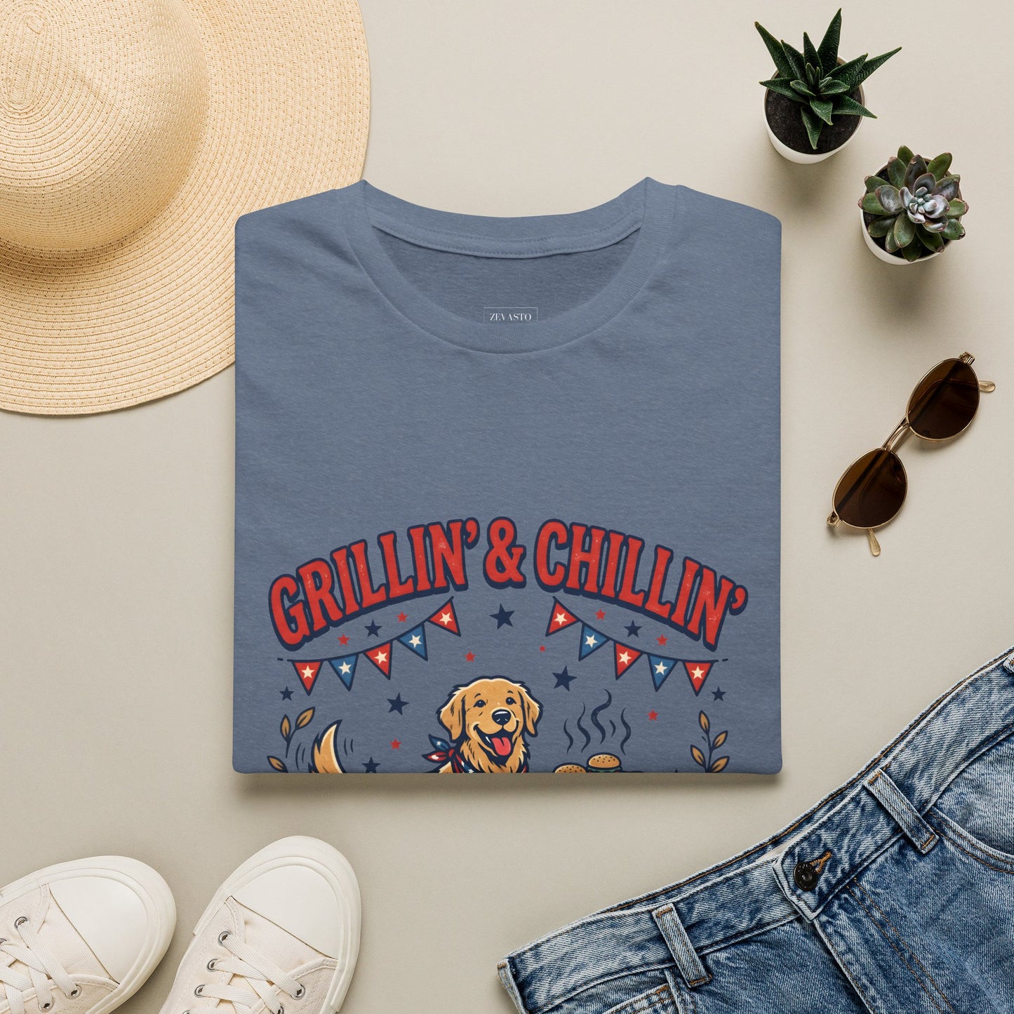 Grillin' & Chillin' BBQ Dog T-Shirt — 1776-2026 Patriotic Summer Tee, 4th of July Shirt, Independence Day Tee