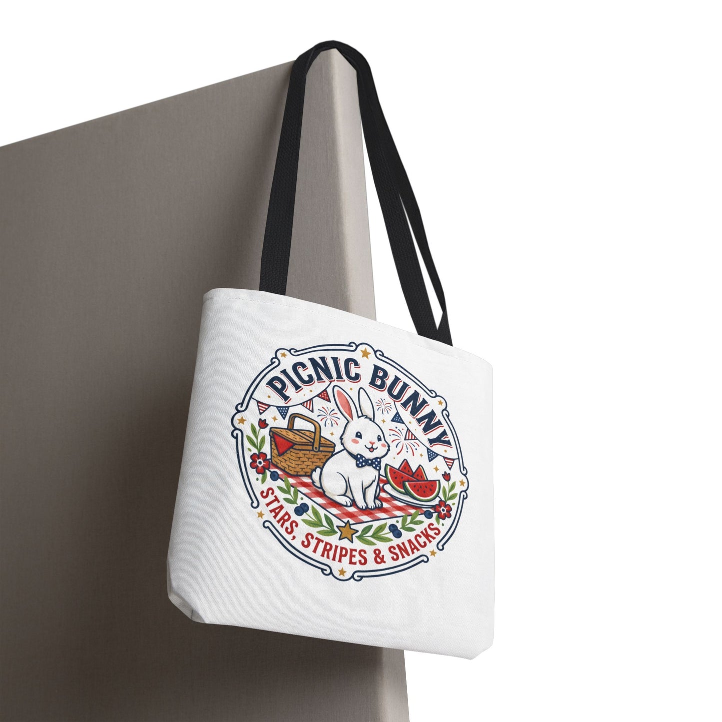 Patriotic Picnic Bunny Tote Bag — ‘Stars, Stripes & Snacks’ Cute Rabbit Picnic Tote, 4th of July Tote