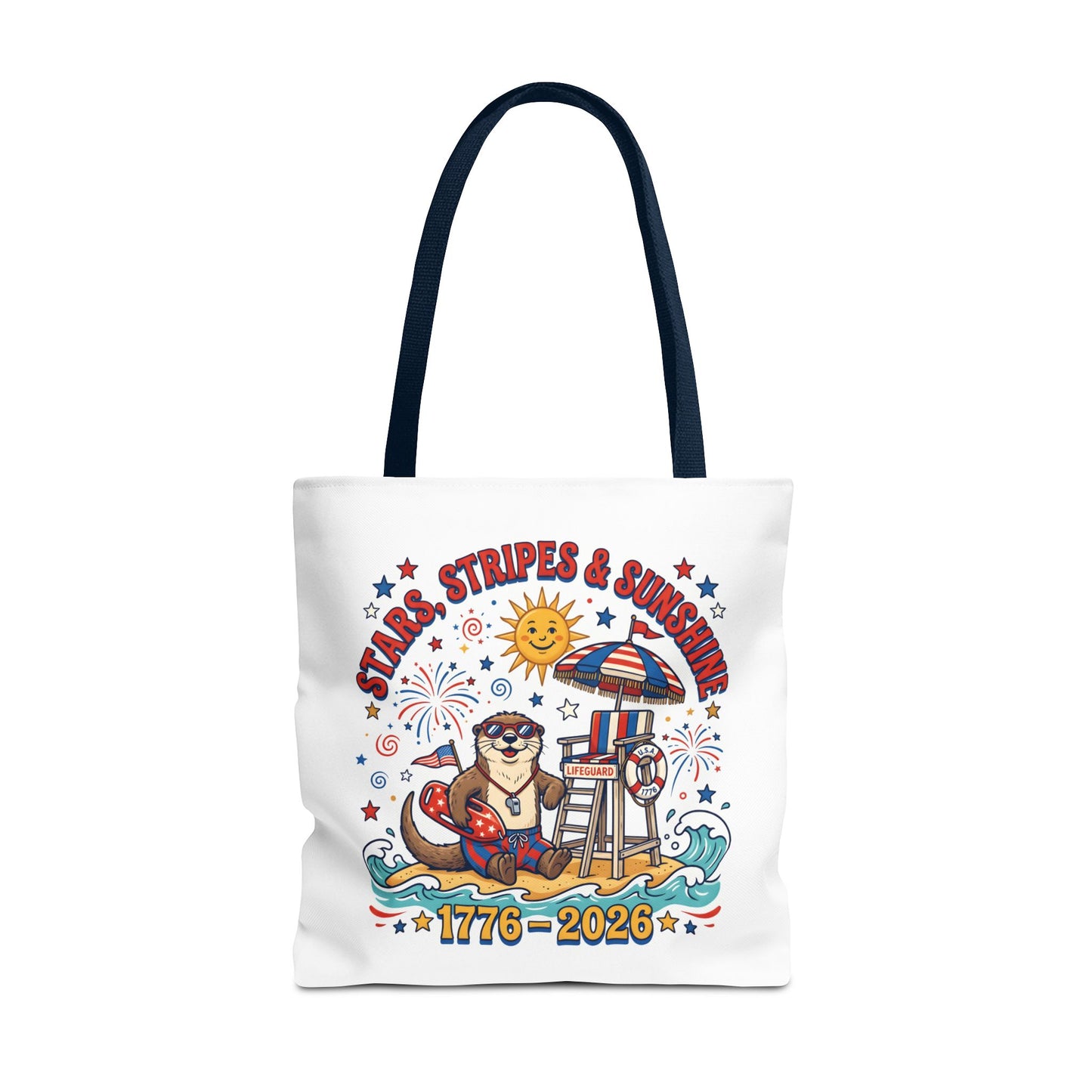 Stars, Stripes & Sunshine Tote Bag — 1776–2026 Patriotic Summer Beach Tote, 4th of July Tote