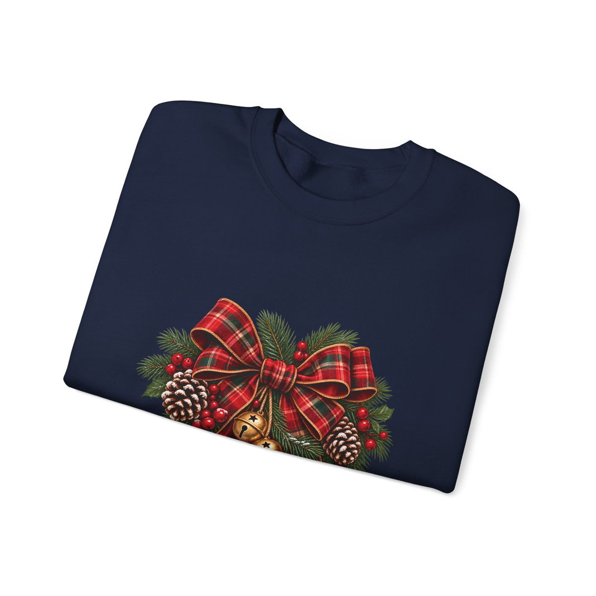 Christmas Plaid Bow Sweatshirt - Holiday Pinecone & Jingle Bells Crewneck