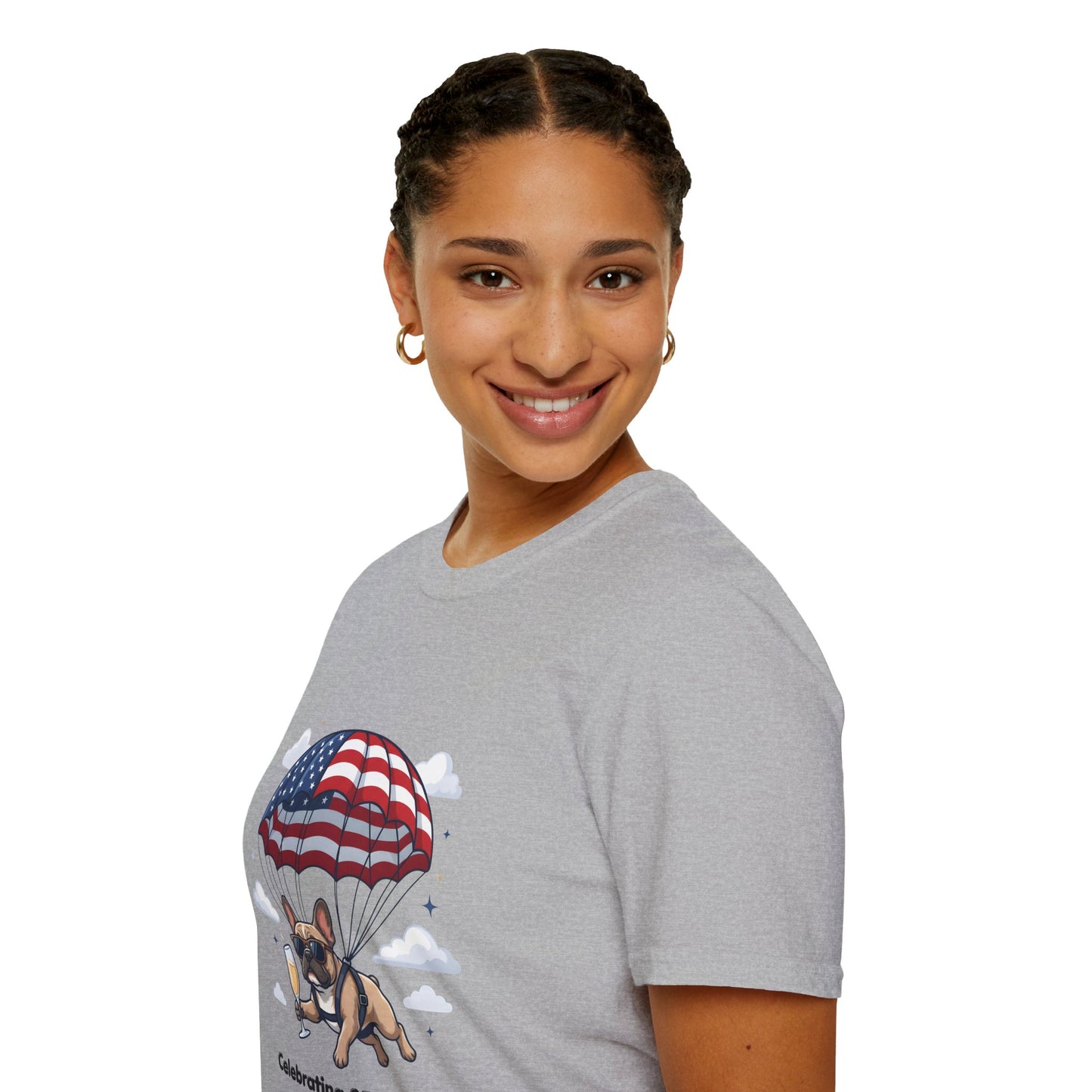 Patriotic French Bulldog T-Shirt — "Celebrating 250 Years" Parachute Design