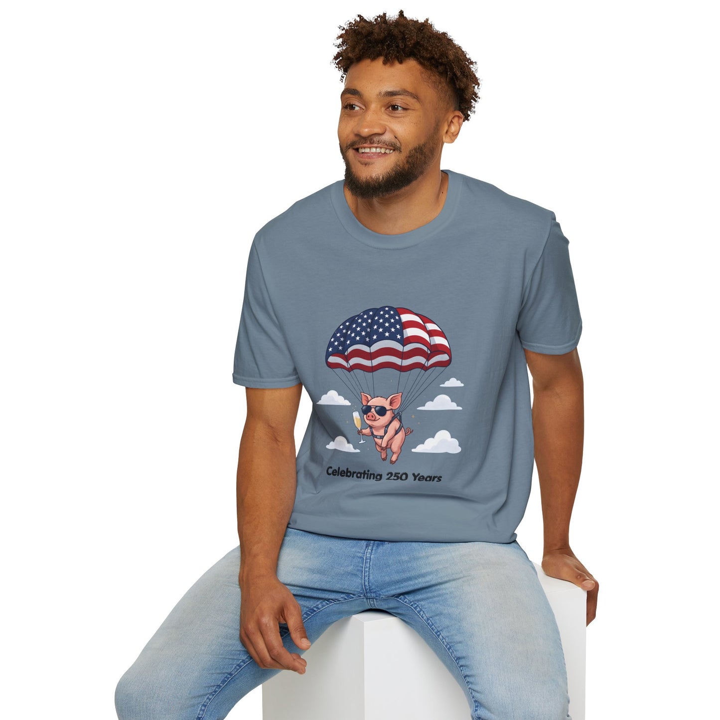 Patriotic Parachuting Piglet T-shirt - “Celebrating 250 Years”
