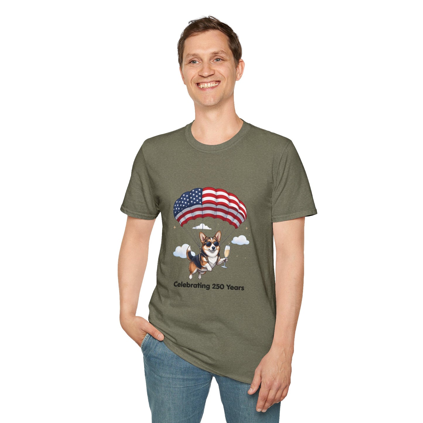 Corgi Parachute American Flag T-Shirt — "Celebrating 250 Years" Patriotic Tee