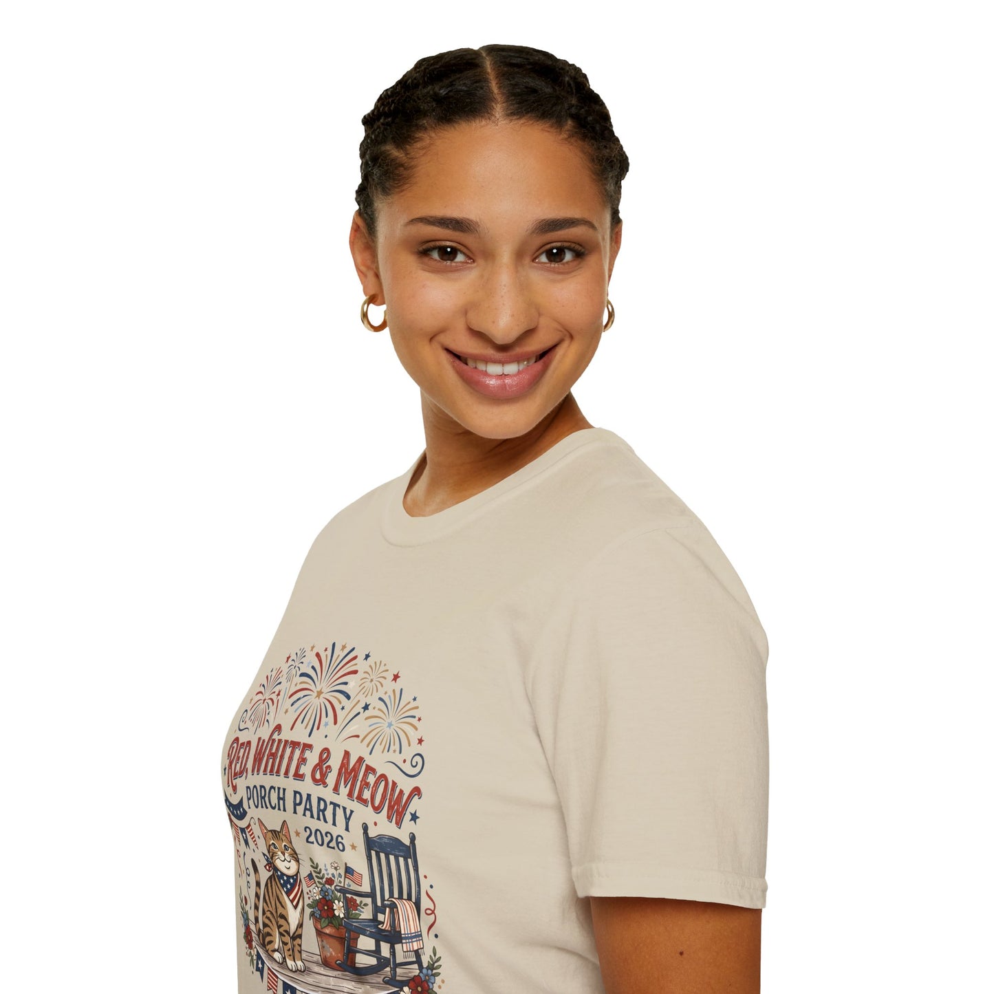 Red, White & Meow Porch Party T-Shirt — 2026 Patriotic Cat Tee, 4th of July Shirt, Independence Day Gift