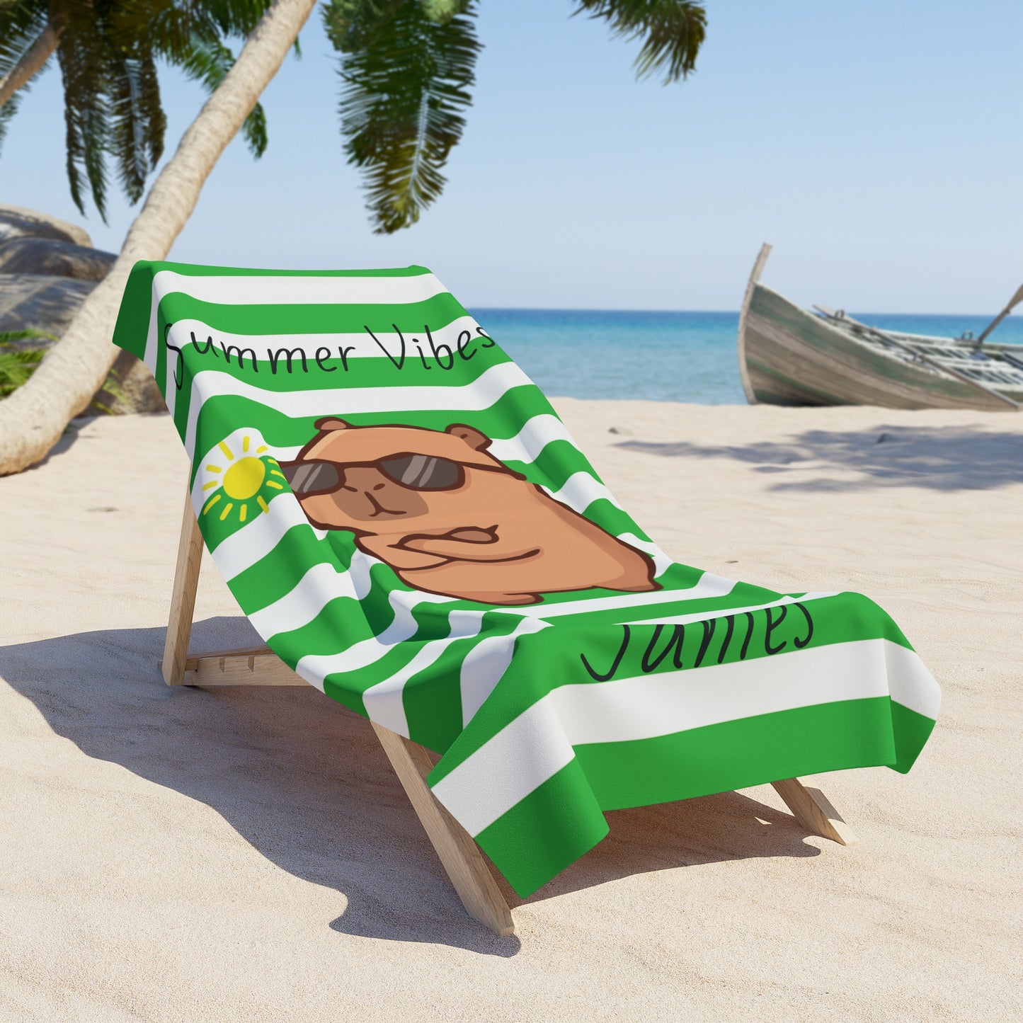 Personalized 'Summer Vibes' Beach Towel with Cool Sunglasses Capybara - Custom Name Towel