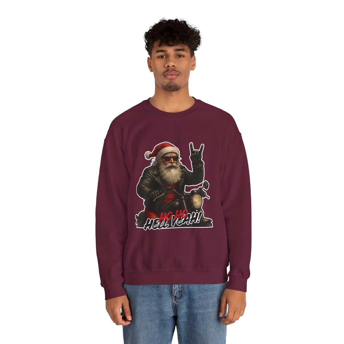 Santa Biker Crewneck Sweatshirt – 'Ho Ho Hell Yeah' Christmas Motorcycle Pullover