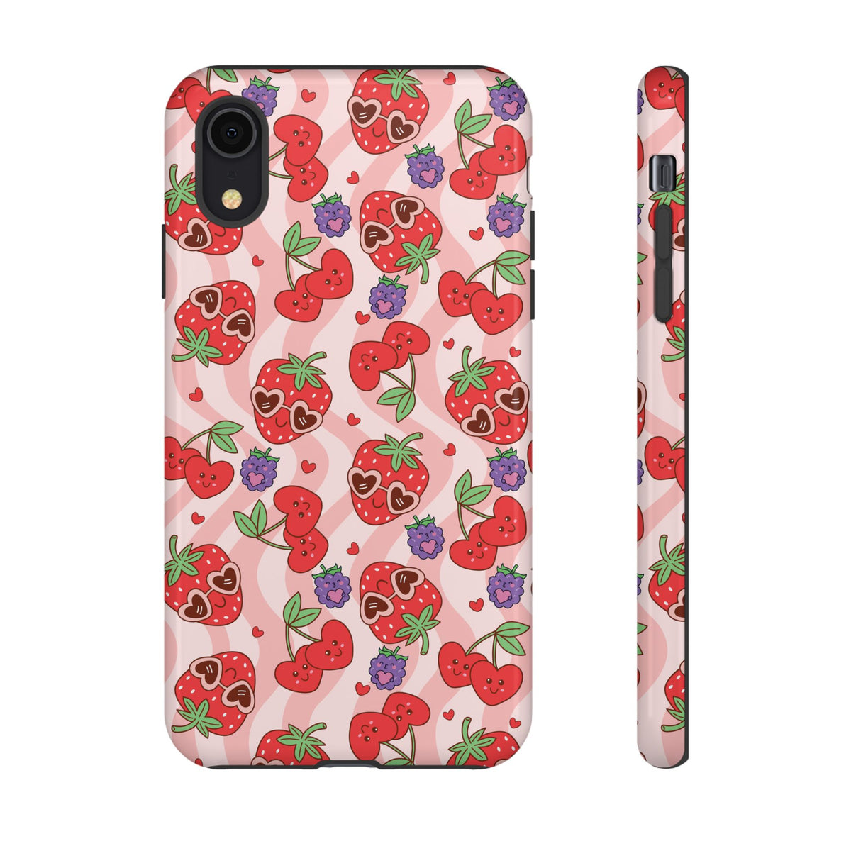 Cute Kawaii Strawberry & Cherry Phone Case — Pink Fruit Pattern Protective Case