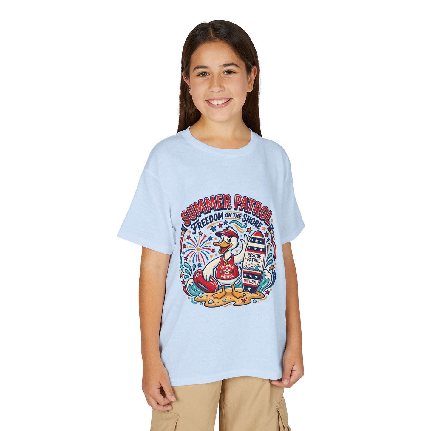 Summer Patrol Kids T‑Shirt — Lifeguard Duck Beach Graphic, 4th of July Tee