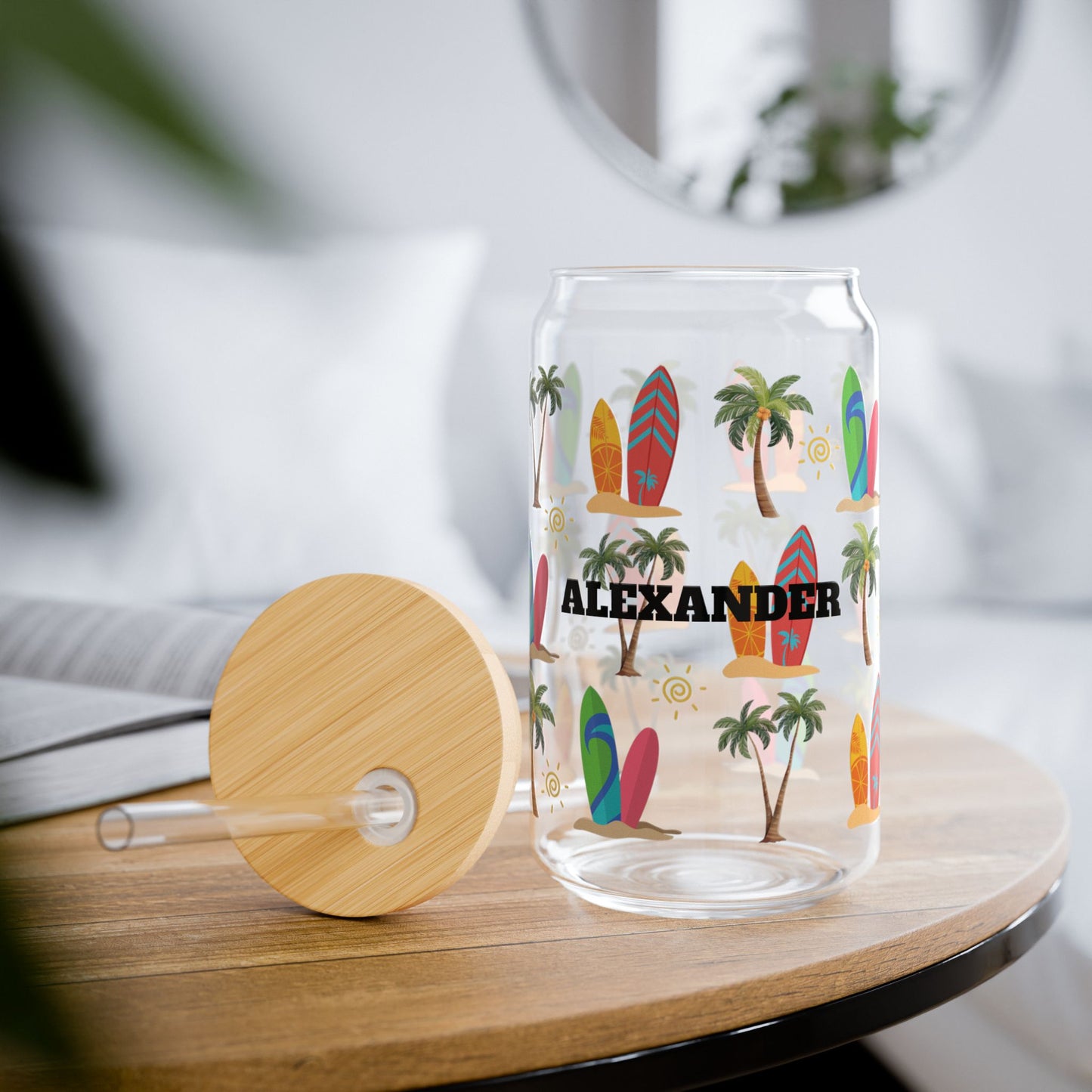 Personalized Surfboard Palm Sipper Glass – 16oz Tropical Beach Tumbler with Straw