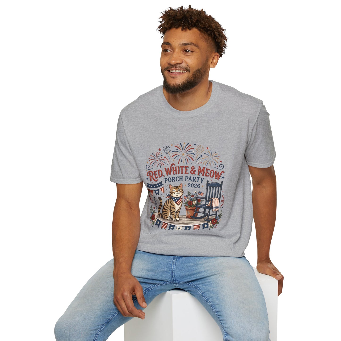 Red, White & Meow Porch Party T-Shirt — 2026 Patriotic Cat Tee, 4th of July Shirt, Independence Day Gift