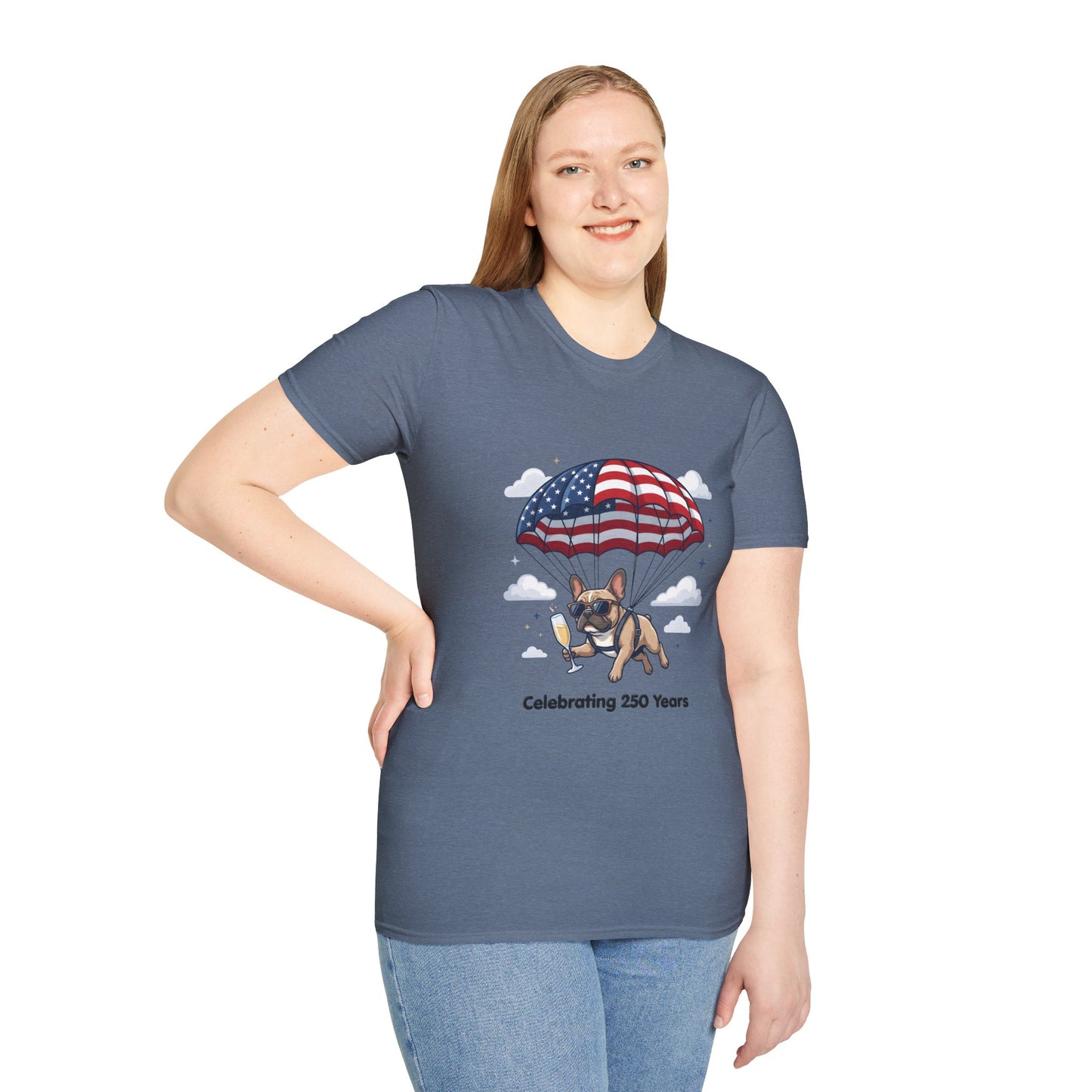 Patriotic French Bulldog T-Shirt — "Celebrating 250 Years" Parachute Design