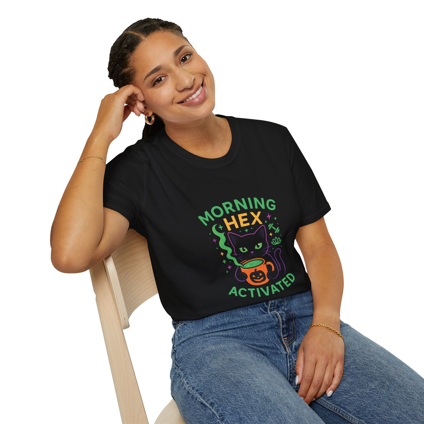 Morning Hex Activated Cat T-Shirt, Halloween-Themed Shirt