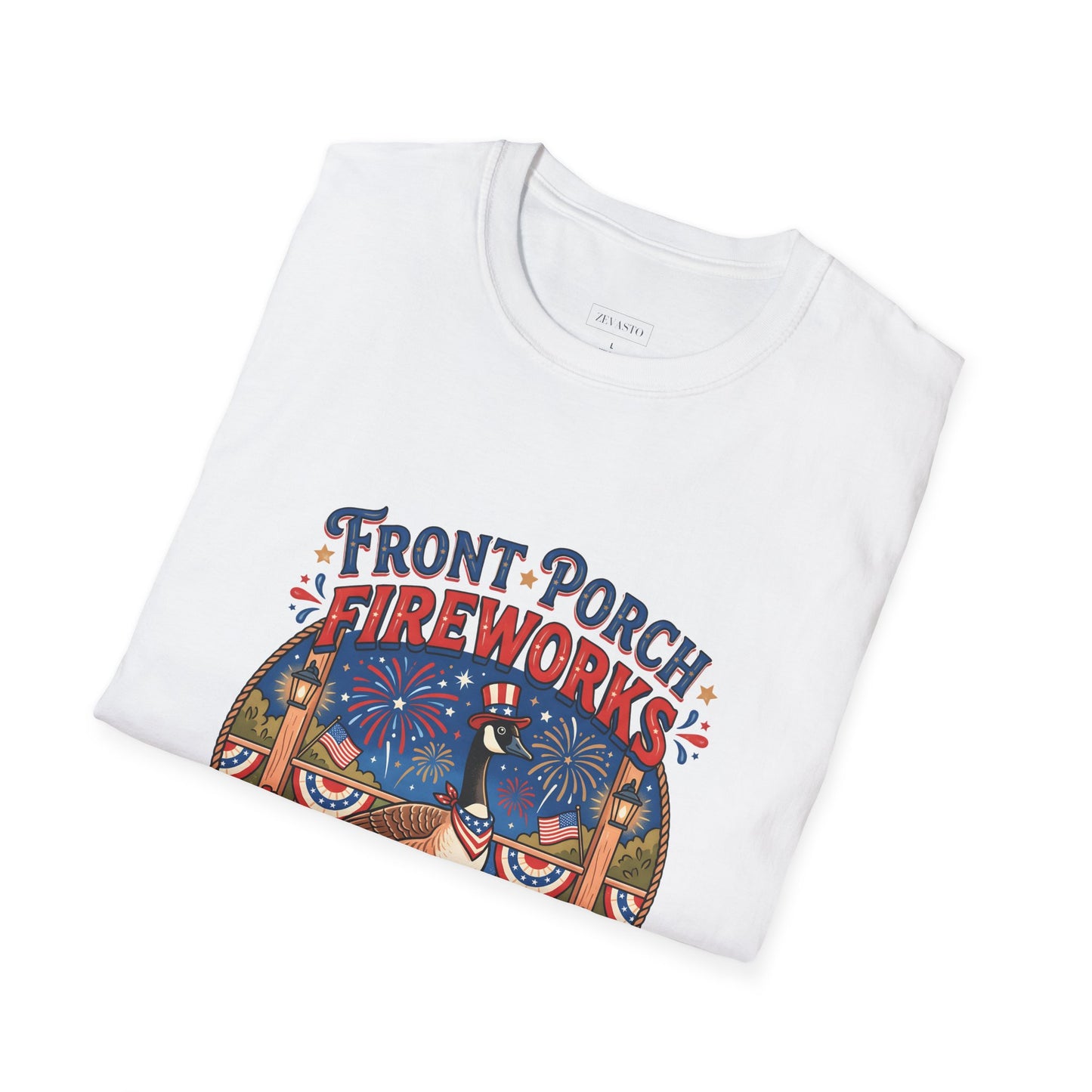 Front Porch Fireworks, Goose T-Shirt — Patriotic 4th of July Celebration Tee