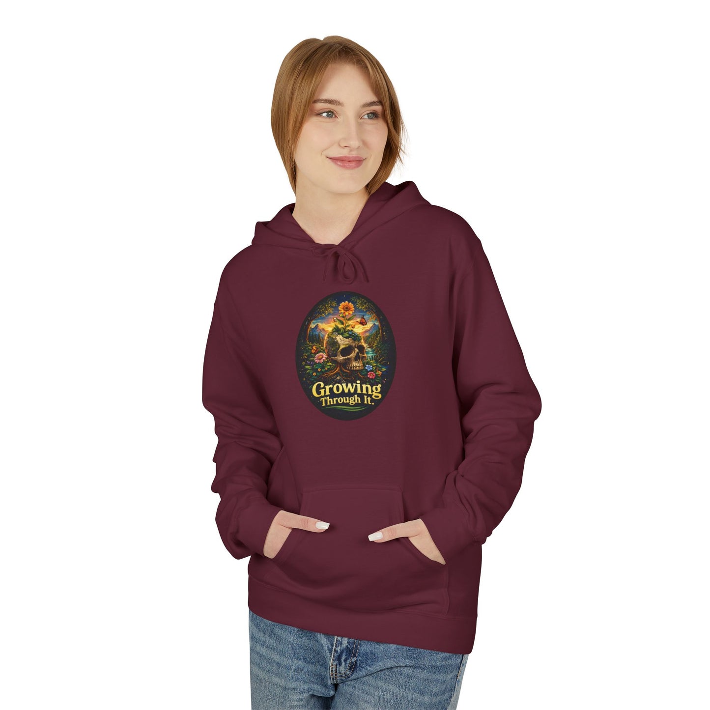 Growing Through It Hoodie – Earth Day Nature Skull Sweatshirt | Mental Growth & Healing Hoodie | Botanical Aesthetic Unisex Hoodie