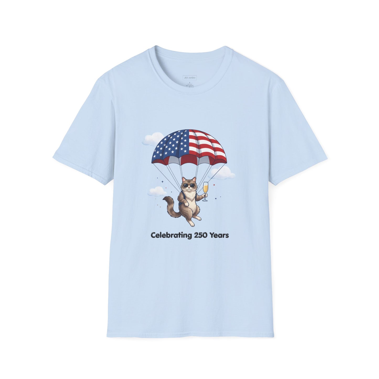 Patriotic Cat Parachute T-Shirt — "Celebrating 250 Years" 4th of July Tee