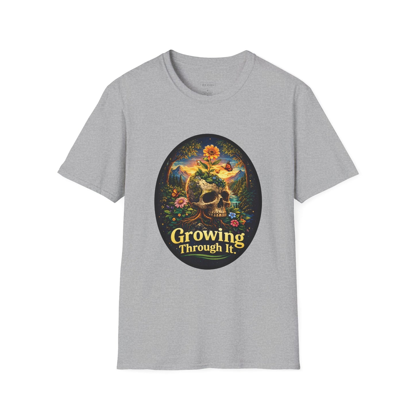Growing Through It T-Shirt – Earth Day Nature Skull Graphic Tee | Mental Growth & Healing Shirt | Botanical Aesthetic Unisex Tee