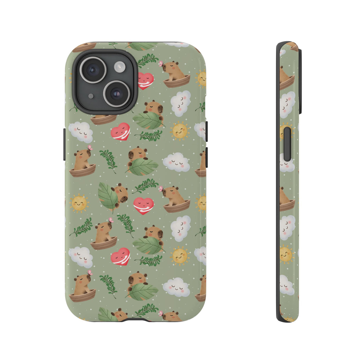 Cute Capybara Pattern Phone Case — Green Botanical Tough Case