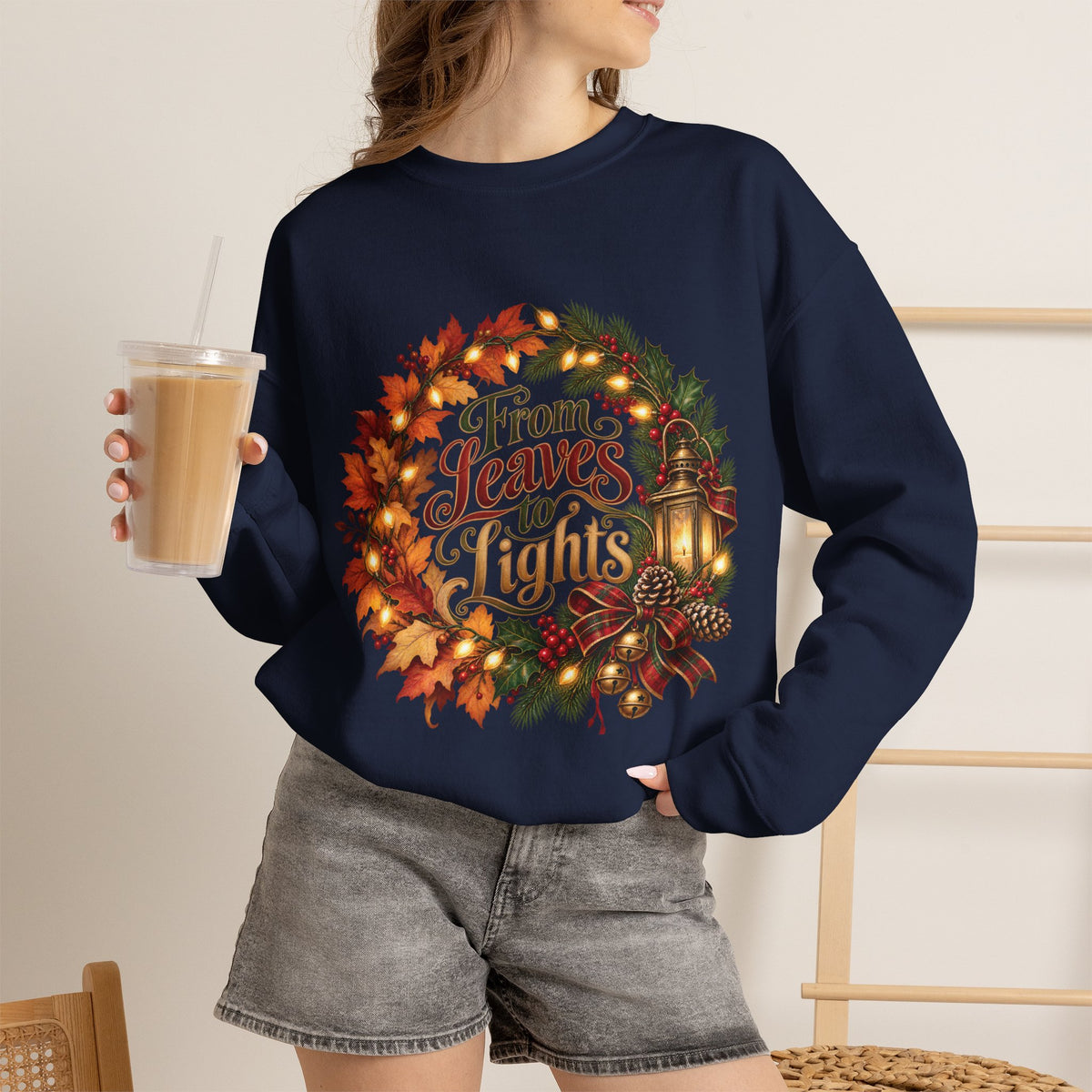 Christmas Crewneck Sweatshirt — "From Leaves to Lights" Autumn to Holiday Wreath Design
